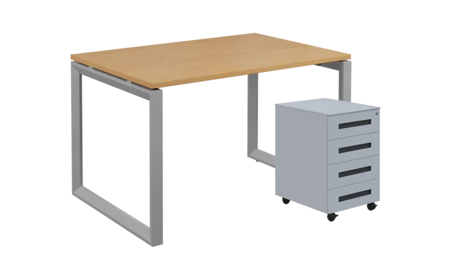 SET-OK 328 stůl kancelářský, kovová podnož stříbrná + kontejner pojízdný, 4-zásuvkový, javor horský